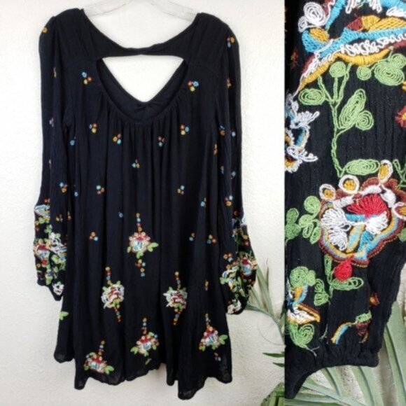 Free People Oxford Black Embroidered Swing Dress Floral size XS Oversized Boho - Picture 5 of 16
